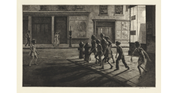 A black-and-white print of a group of children on the sidewalk of a dimly lit street corner facing a girl standing in the street.