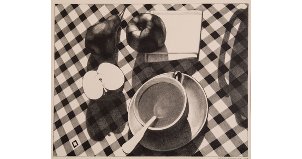 A black-and-white print of a cup of coffee, a pear, an apple, a napkin, and half of an apple on a checkered tablecloth.