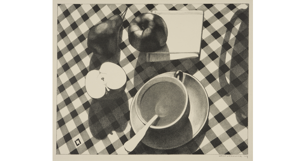 A black-and-white print of a cup of coffee, a pear, an apple, a napkin, and half of an apple on a checkered tablecloth.