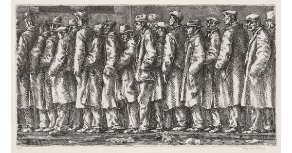 A black-and-white print of men in coats and hats standing close together in a line on a sidewalk.
