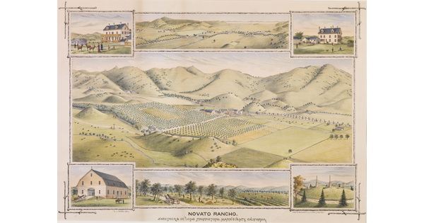 A color print of an aerial view of a ranch surrounded by hills; four smaller vignettes of ranch scenes in each corner of the print.