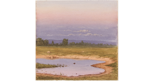 A watercolor of a field and pond under a purple and pink sky.