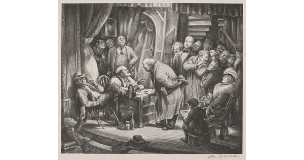 A black-and-white print of a group of White men on a stage gathered around a man speaking to another who is seated behind a desk.