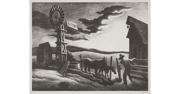 A black-and-white print of a farmer either closing or opening a gate to a corral with two horses next to a windmill under a dark and cloudy sky.