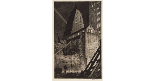 A black-and-white print looking up at a building next to a construction site surrounded by skyscrapers in a city.