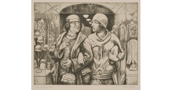 A black-and-white print of two White women with linked arms leaving through the glass doors of a dress shop.