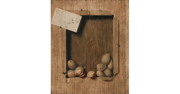 A realistic oil painting of a bunch of unshelled almonds sitting on the inset of a wood box with a broken glass cover.