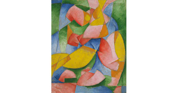An abstract oil painting of curved and geometric shapes in bright green, blue, red, and yellow.
