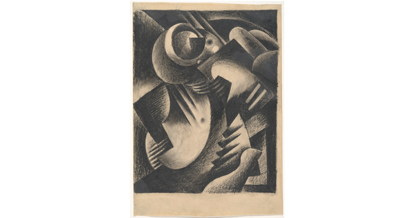 An abstract black-and-white drawing of geometric shapes layered on top of each other.
