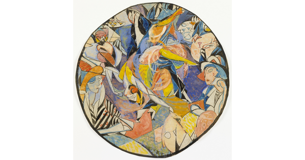 A round-shaped watercolor of abstract White female figures rendered in a modern, angular style.