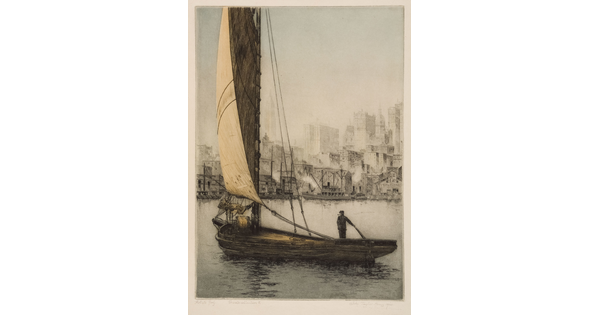 A color print of a man standing on a sailboat in calm water and many tall buildings in the distance.