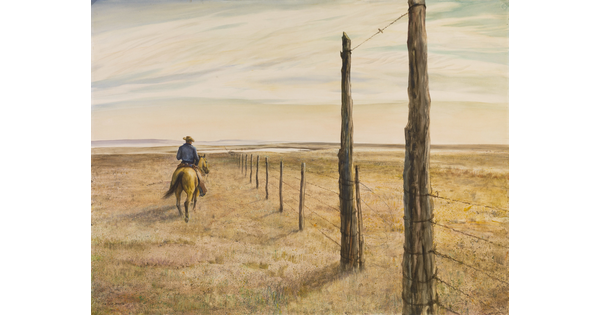 A watercolor painting of cowboy on horseback riding away from the viewer next to a barbed wire fence.