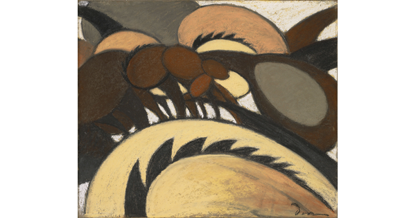 A pastel drawing of abstract, circular shapes in shades of brown and tan.
