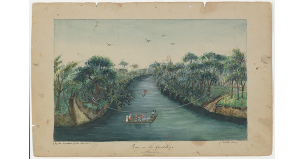 A watercolor of a river crossing where multiple people and a stagecoach are being ferried across the water.