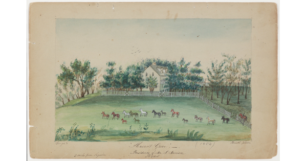 A watercolor of horses in a green pasture in front of a large white home surrounded by a white picket fence.