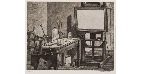 A black-and-white print of a table with various art supplies next to an artist's easel holding a blank, framed canvas.