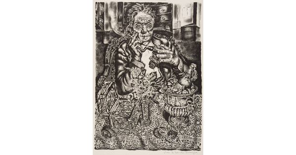 A black-and-white abstract print of an old, very wrinkled White man sitting at a cluttered table smoking and holding a glass tumbler in his hand.
