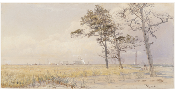 A soft-toned watercolor of a landscape of three trees in a yellow meadow with a city skyline in the deep distance.