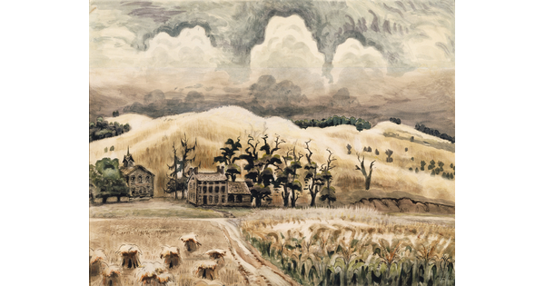 A watercolor painting of a farmhouse and a church on golden hills behind a farm.