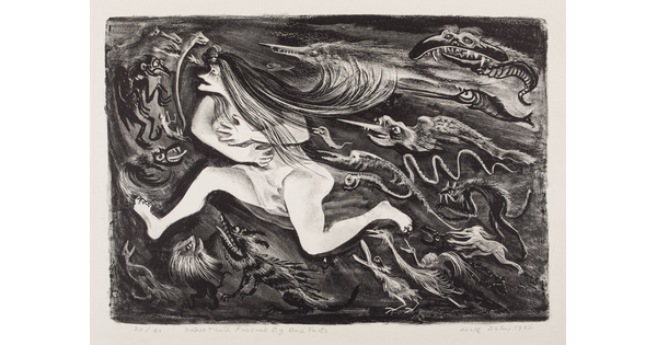An abstract black-and-white print of a nude, White woman running from a group of scary creatures.