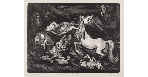 An abstract black-and-white print of a farmer with a pitchfork chasing two women who seem to be floating around a spooked horse surrounded by dogs and birds under a black sky.