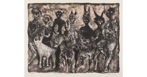 An abstract black-and-white print of a group of horned human-like creatures and animals.