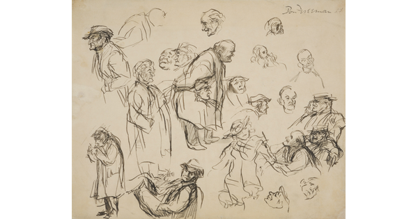 Black-and-white pencil sketches of human figures and heads, some overlapping, in various positions filling the entire sheet of paper.
