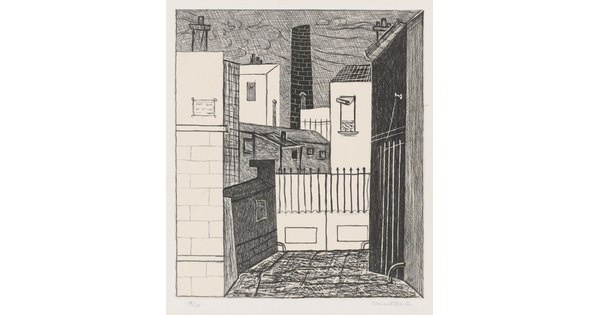 A black-and-white print of a cityscape featuring several buildings seen from a street. 