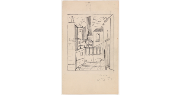 A black-and-white pencil sketch of a cityscape featuring several buildings seen from a street. 