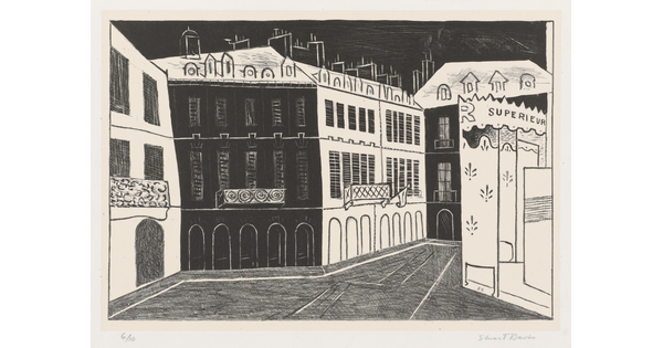 A black-and-white print of a Parisian street lined with multi-windowed buildings and decorative wrought iron. 