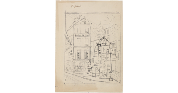 A black-and-white pencil sketch of a Parisian cityscape, including buildings, a postbox, and a streetlamp. 