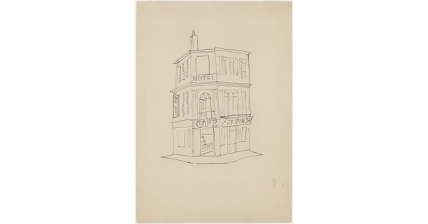 A black-and-white line drawing of a corner hotel façade, with the words "hotel" and "cafe" written above the entry. 