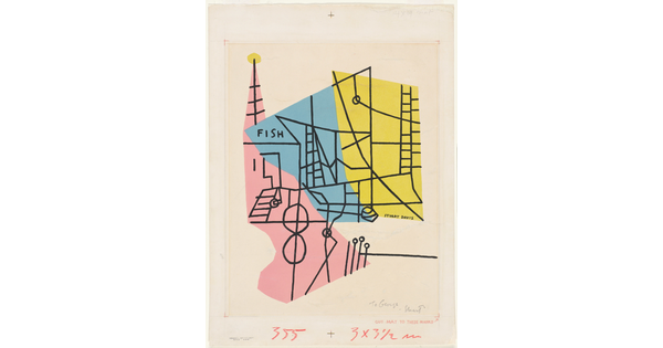 A color print of intersecting black lines resembling architectural features on top of abstract pink, blue, and yellow geometric shapes.