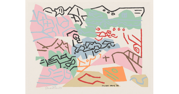 An abstract landscape print made of multicolored lines and shapes on a white background.