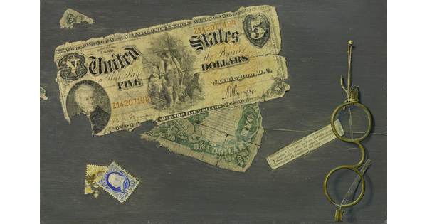 A realistic oil painting of a torn five dollar bill from the 1800s, some stamps, and a pair of glasses.