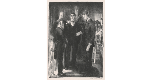 A black-and-white print of four White men dressed in suits standing and talking in a dark interior space.
