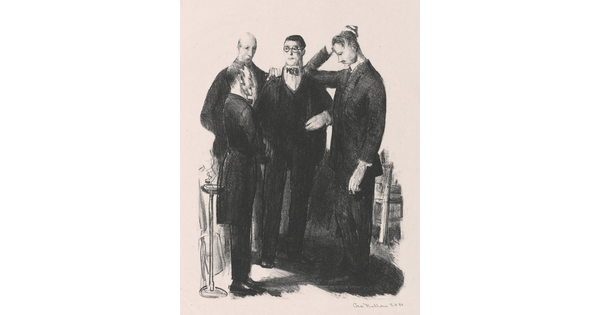 A black-and-white print of four White men dressed in suits standing and talking in a light interior space.