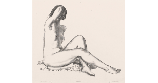A black-and-white print of a young, nude White woman sitting on a pillow, legs partially extended, one arm on her head as she leans back on her other hand.