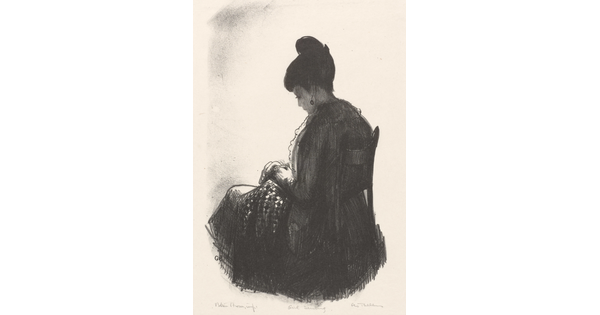 A black-and-white print of a young woman sitting in a chair with her back mostly to the viewer, while sewing something in her lap.