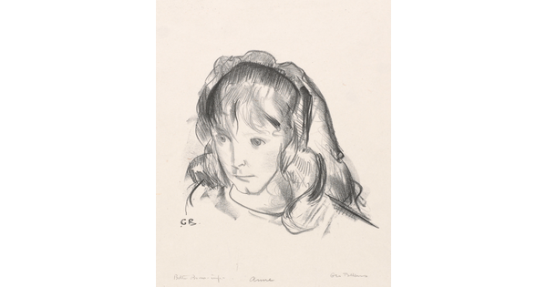 A black-and-white print portrait of a young, White girl from the shoulders up looking off to the side. 