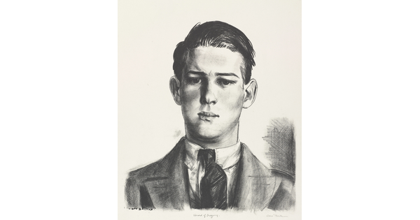 A black-and-white print portrait of a young, White man from the chest up wearing a sport coat, tie, and collared shirt. 