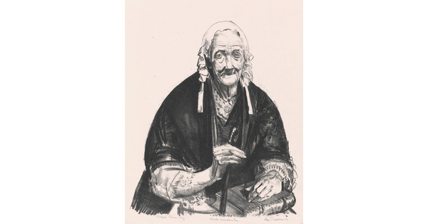 A black-and-white print in a loosely-drawn style of an elderly White woman in a lace cap with a black shawl draped over her shoulders; she holds a cane in one hand, the other rests on a book in her lap.