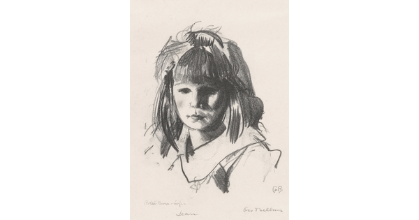 A black-and-white print in a loosely-drawn style of a young White girl with a downward gaze and disorderly hair.