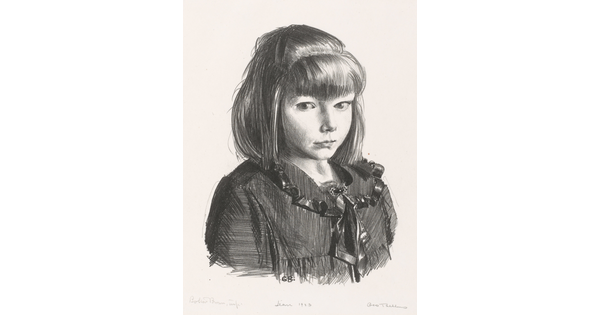 A black-and-white print in a sketch-like style of a young White girl with straight hair and bangs in a ruffled blouse.