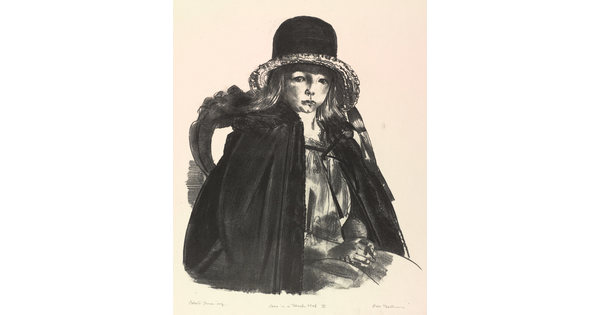 A black-and-white print of a young White girl in a black hat and cloak sitting in a chair with hands folded on her lap.