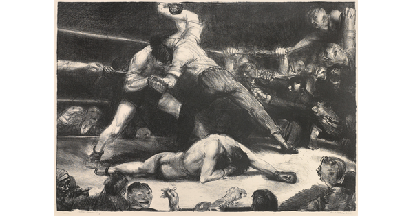 A black-and-white print of two boxers and a referee inside a boxing ring while patrons watch.
