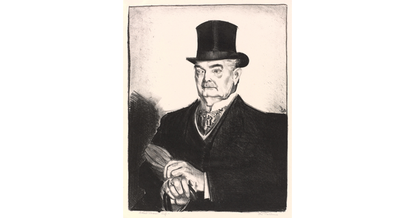 A black-and-white print of an elderly White man with a moustache in a black top hat and coat, his hands folded over a cane.