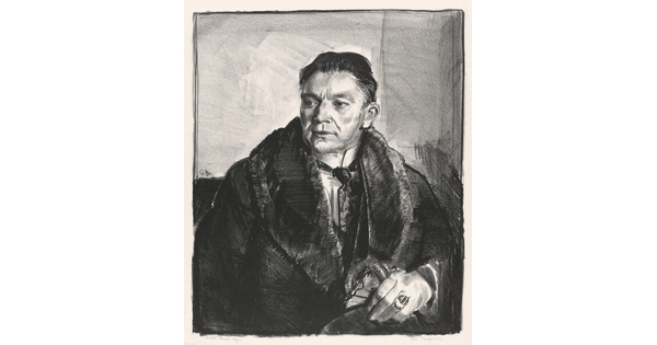 A black-and-white print of a White man with short hair, wearing an overcoat with fur lapels and looking off to the side.