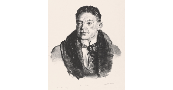 A black-and-white print of a White man with short hair, wearing an overcoat with fur lapels and looking off to the side.