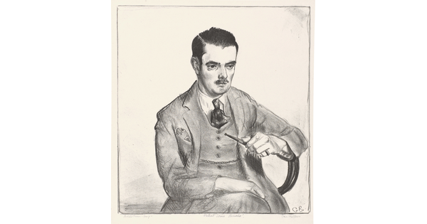 A black-and-white print of a White man with slicked-back hair and a moustache, wearing a three-piece suit, and holding the stem of a pipe. 